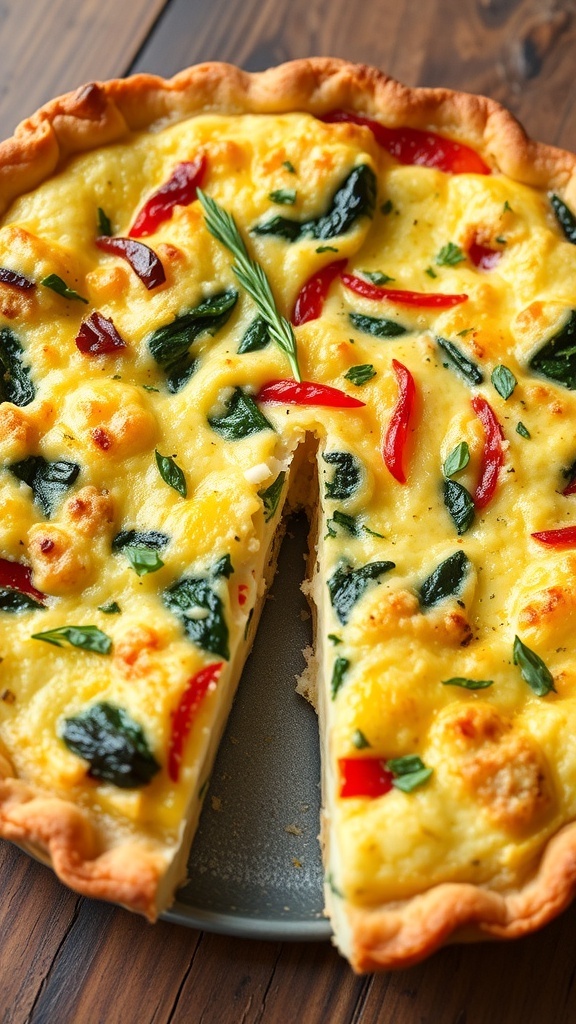 Savory Quiche Filling Recipe A golden-brown quiche filled with spinach and bell peppers, garnished with herbs, on a wooden table.